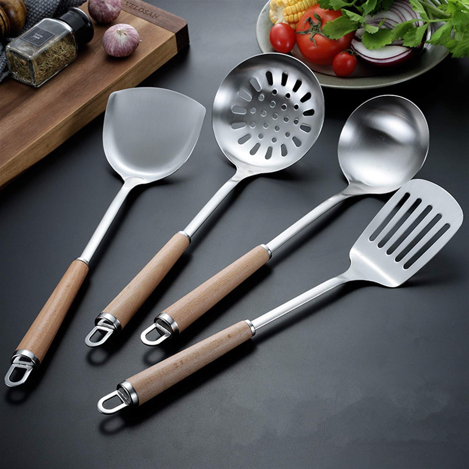 YYDS Koch Utensilien 304 Edelstahl Kochutensilien Set - 4 stücke Spatel Löffel Suppenschaufel Hölzerne Griff Kochwerkzeuge Küchenwerkzeuge Set Kochzubehör