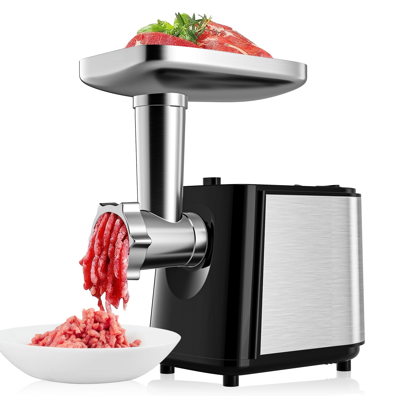 Tritacarne elettrico professionale da 2000 W 5 in 1 con insaccatrice e 8 accessori, 3 piastre di macinatura, ausilio da cucina in acciaio inossidabile per uso domestico e commerciale