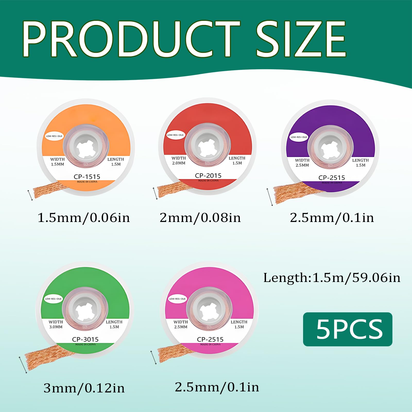 Set di 5 trecce dissaldanti, treccia dissaldante in rame, treccia dissaldante no-clean, utensile per saldatura, larghezze 1,5 mm, 2 mm, 2,5 mm, 3 mm, 3,5 mm, ideale per dissaldare e rimuovere la salda