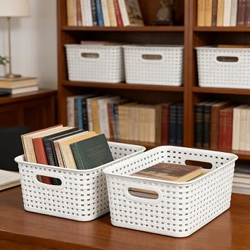 6-Pack White Plastic Storage Baskets with Lids, Stackable Containers for Organizing Shelves, Drawers, Desk Closets, Playrooms, Classrooms, Offices