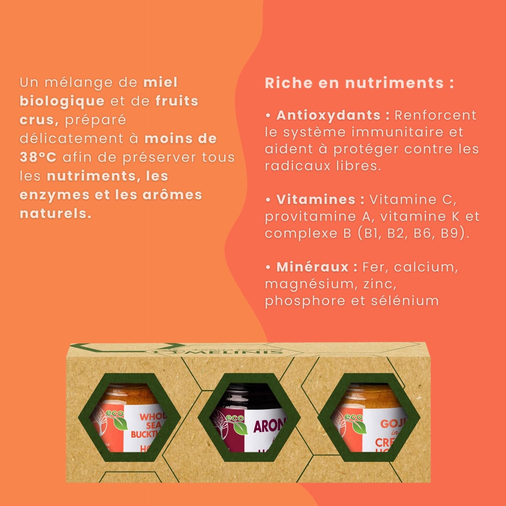 Coffret Dégustation “Explosion de Vitamines” 3 × 40 g – Miel Bio Tartinable à l’Argousier, à l’Aronia et au Goji – Sans Sucre Ajouté – Pour Petit-Déjeuner, Snacks et Cadeaux Gourmands – Melinis