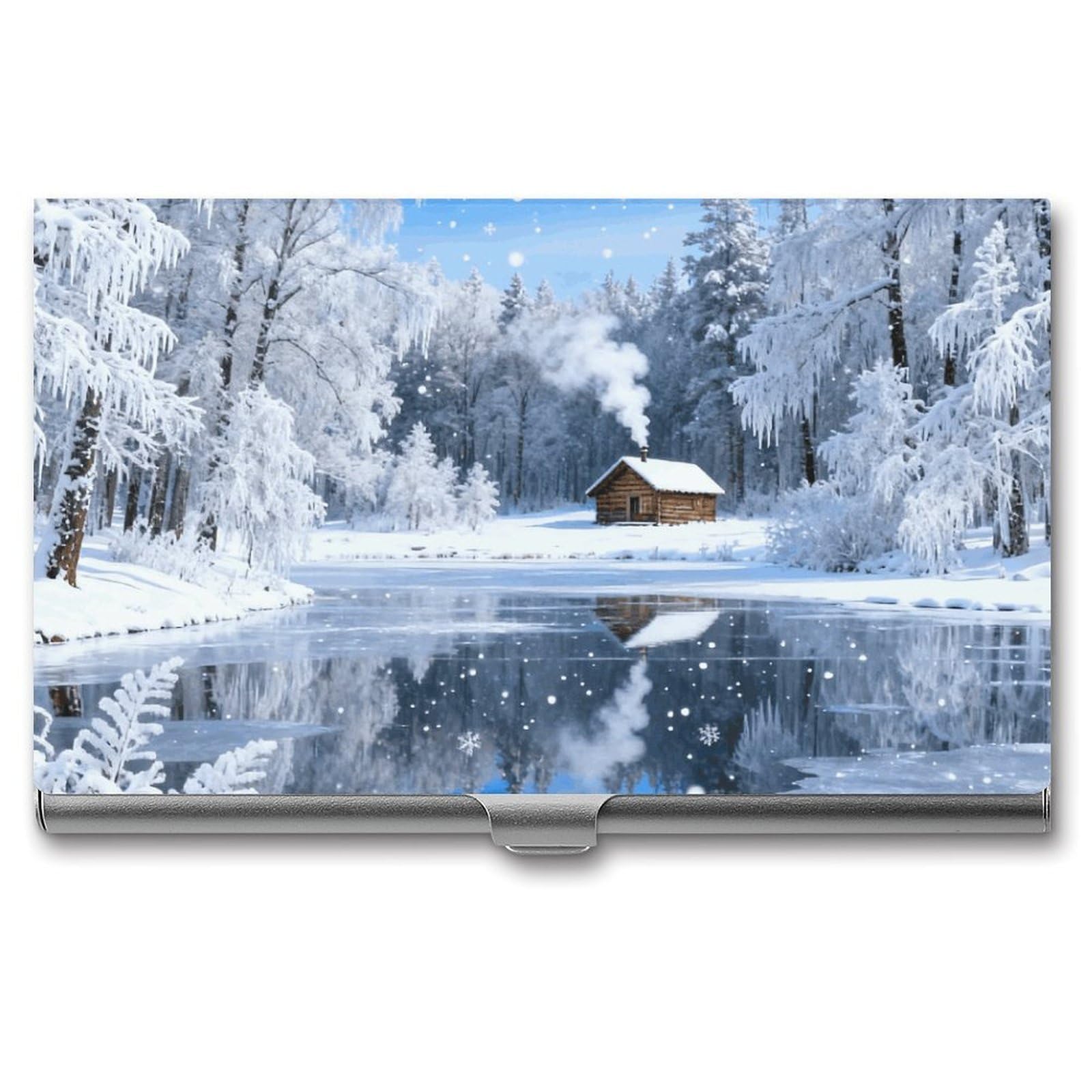 DWVTSLH Snow Forest Cabin Business Card Holder, Slim Portable Metal Business Card Case Pocket Wallet Professional Name Cards Holder for 22-30 Cards, Credit Card ID Case/Holder for Men Women