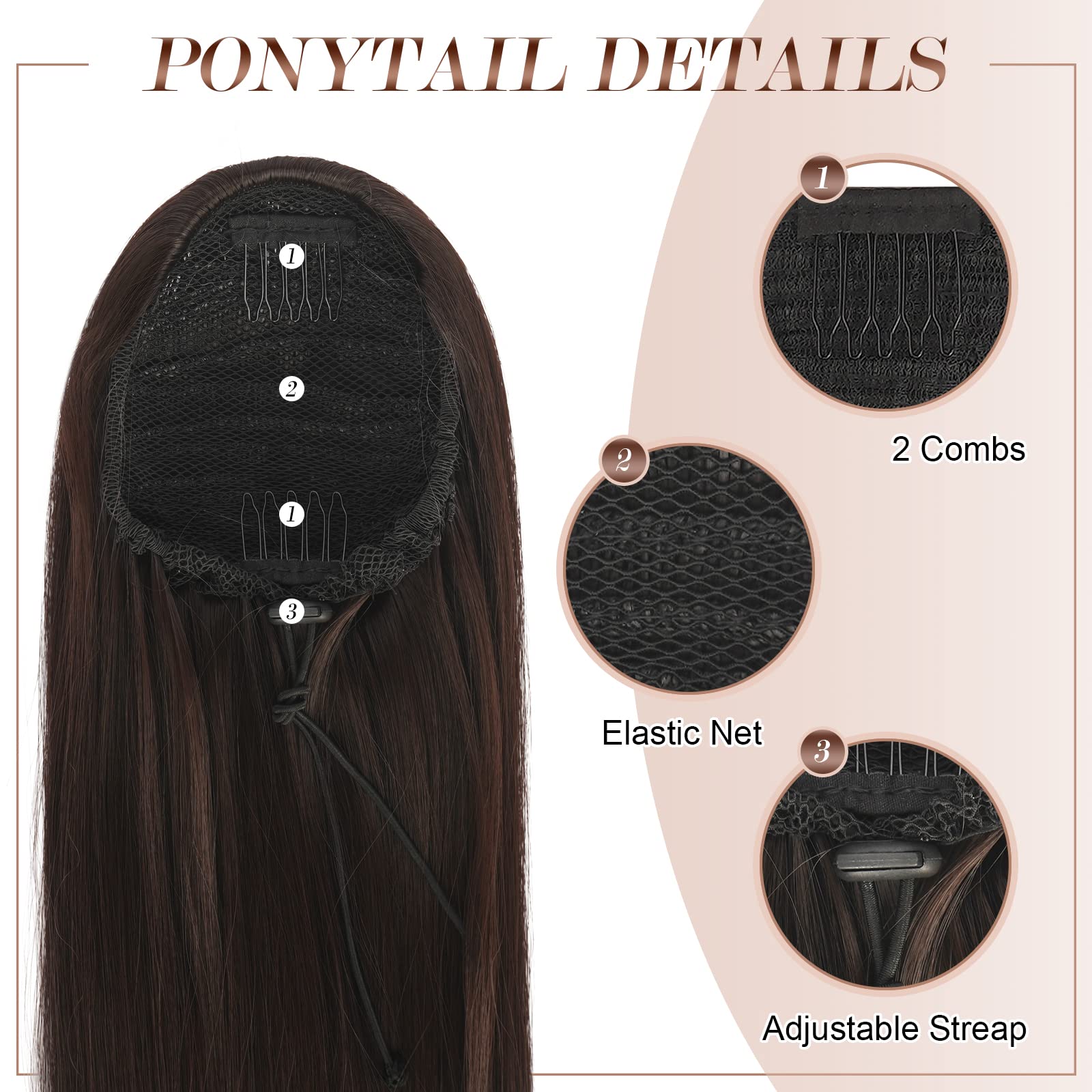 FESHFEN Postiche Queue de Cheval Cordon Droit Lisse, 60 cm Longue Ponytail Cheveux Naturel Postiche Synthétique Rajout Queue de Cheval pour Femmes Drawstring Ponytail Extension, Brun