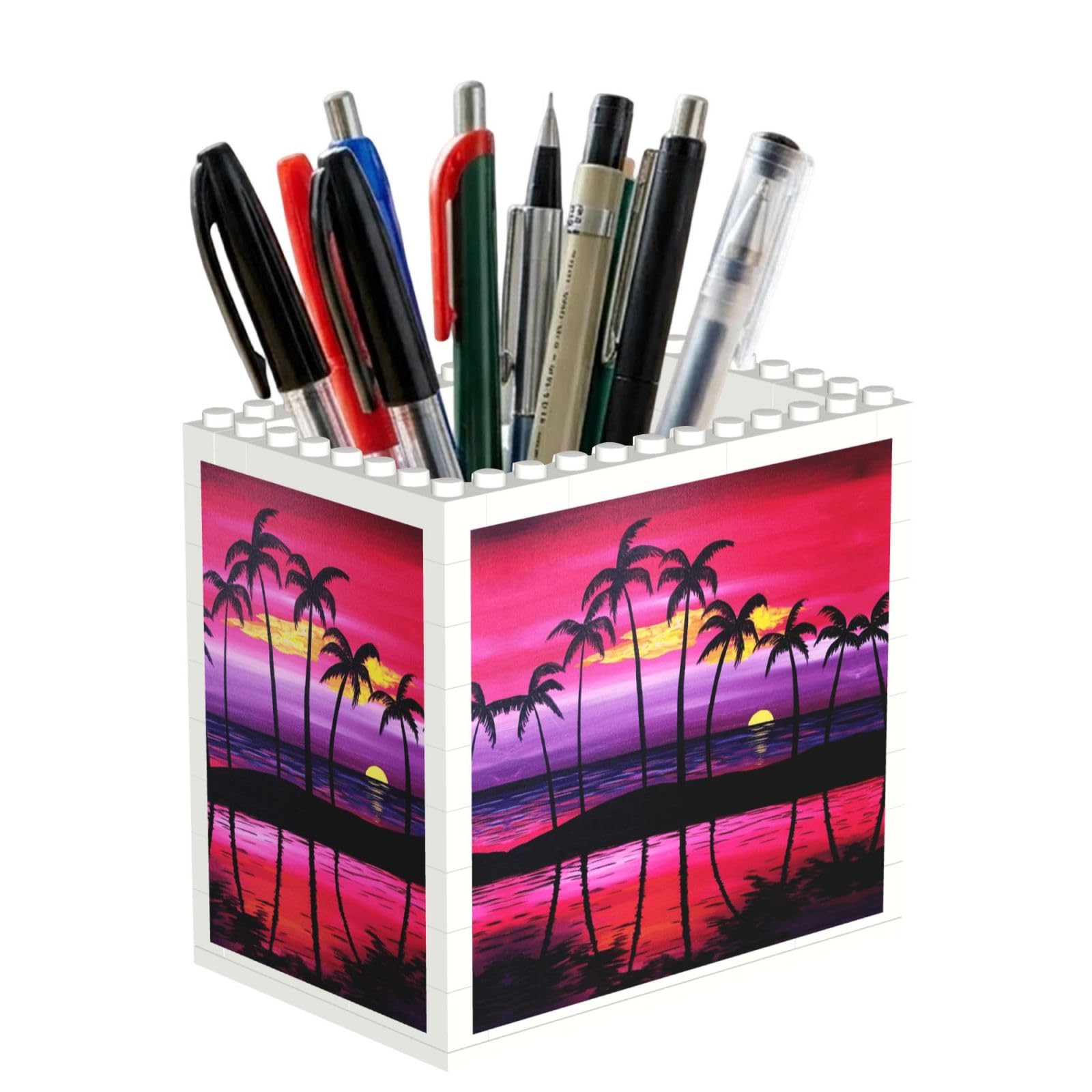 SATUSA Palm Tree Sunset Design Print Building Block Texture Pen Holder - Pencil Holder For Desk Pen Organizer,Aesthetic Desk Accessories For Women(1pcs)