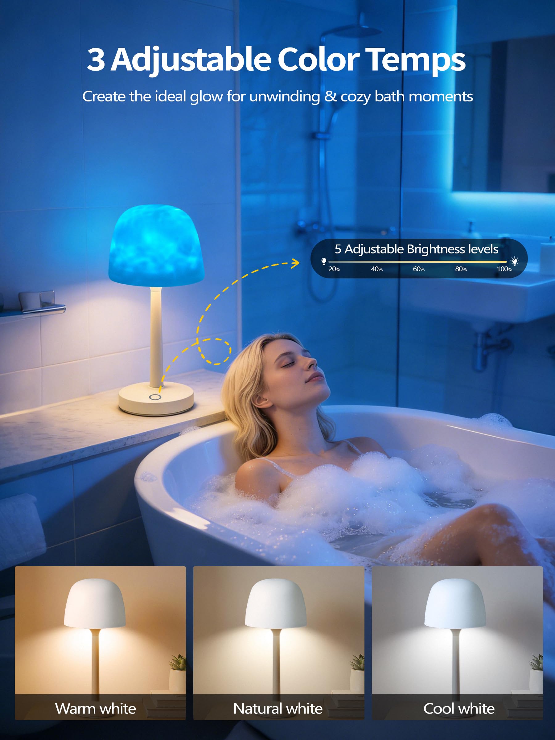 Lampe de Douche Étanche avec Commande Tactile et Télécommande, 16 Couleur | Lampe de Douche Rechargeable avec Effet de Vagues Dynamique & Conception Sans Fil, Lampes de Salle de Bain