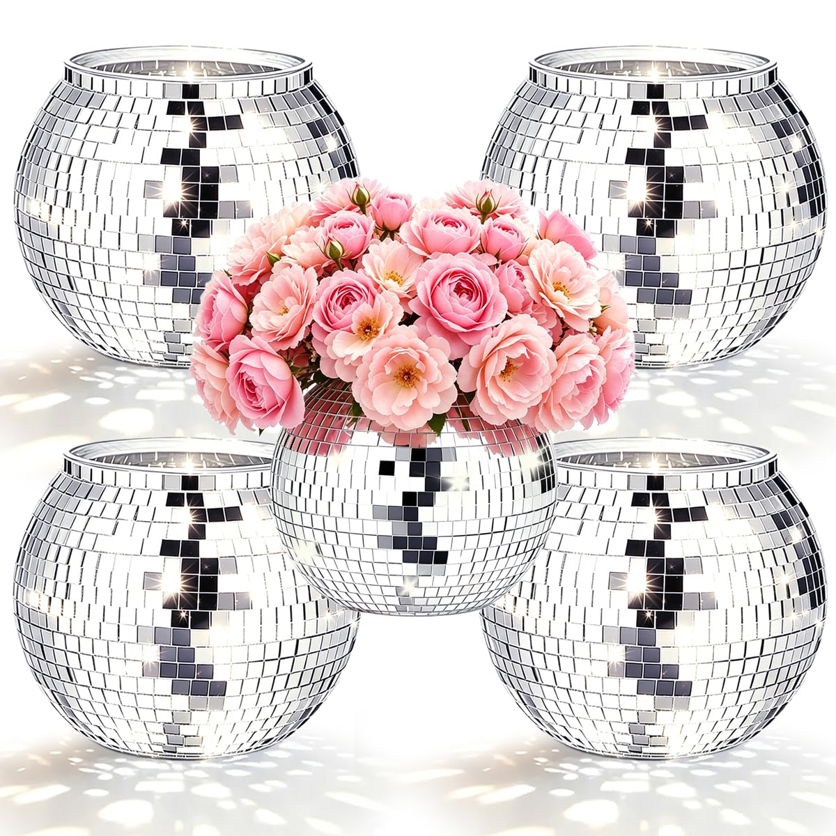 Photo 1 of Sunmuliiiy Disco Ball Vase 9" X 7.08" 4 Pcs Disco Ball Vases for Centerpieces Silver Mirror Disco Ball Planter for Wedding Table Centerpieces Birthday Party Decoration