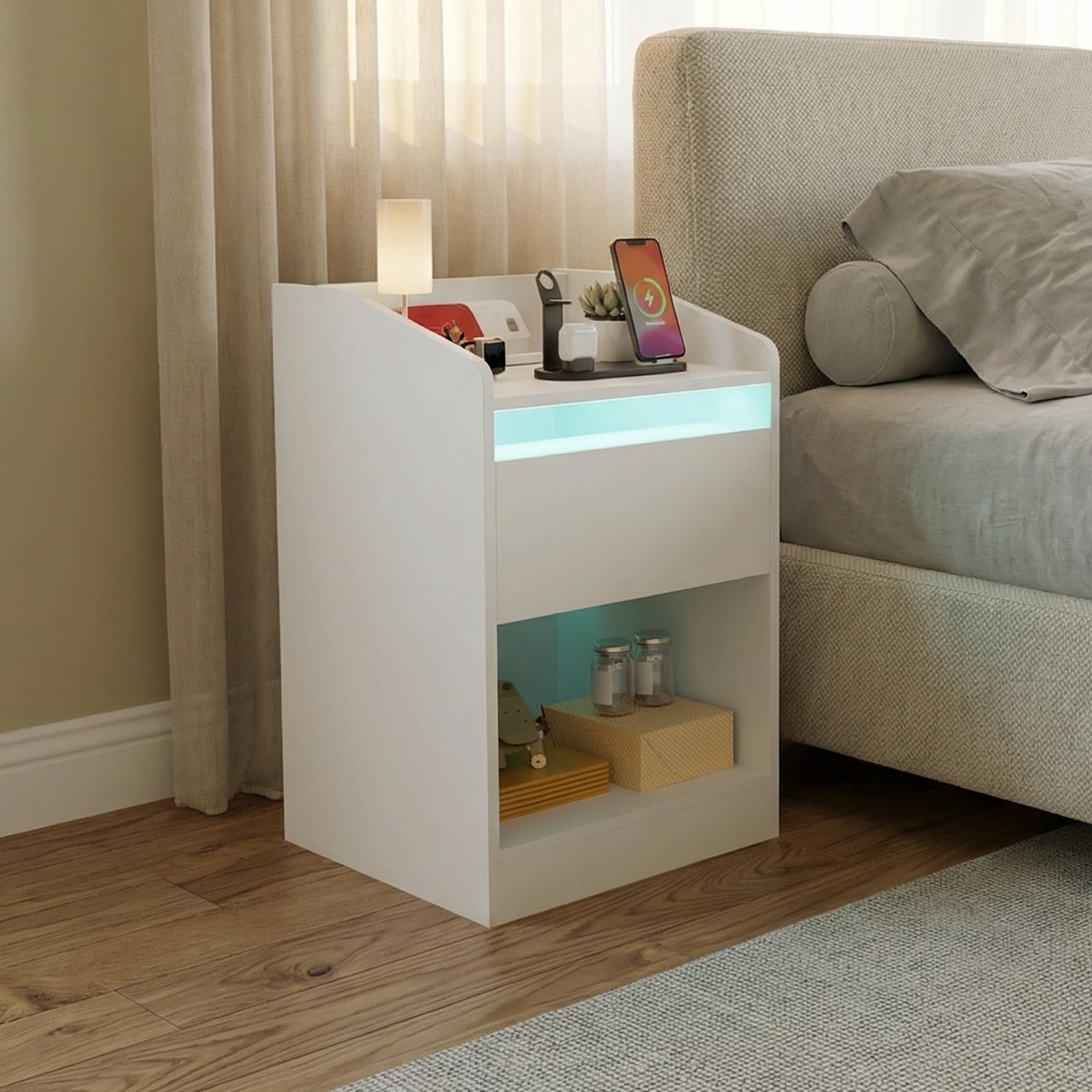 DATO Mesita de noche con iluminación LED y estación de carga (2 enchufes CA, 2 puertos USB), mesilla de noche con cajones, mesa auxiliar moderna, mesa de sofá para salón dormitorio (NS19)
