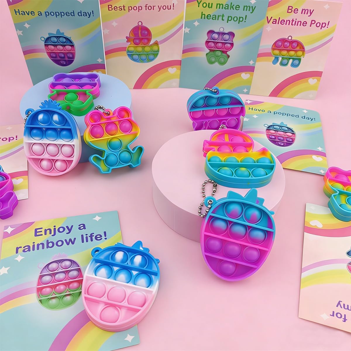 Pinkiwine 24 PCS Valentines Cards with Colorful Pop Toys for Kids School Class Classroom Valentines Day Gifts Prizes Party Favors