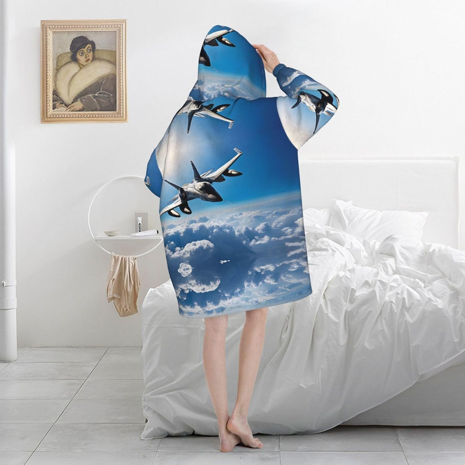 MUSM Aircraft Fighter Jets Print Blanket Hoodie Fleece Sweatshirt Blanket With Sleeves And Pockets