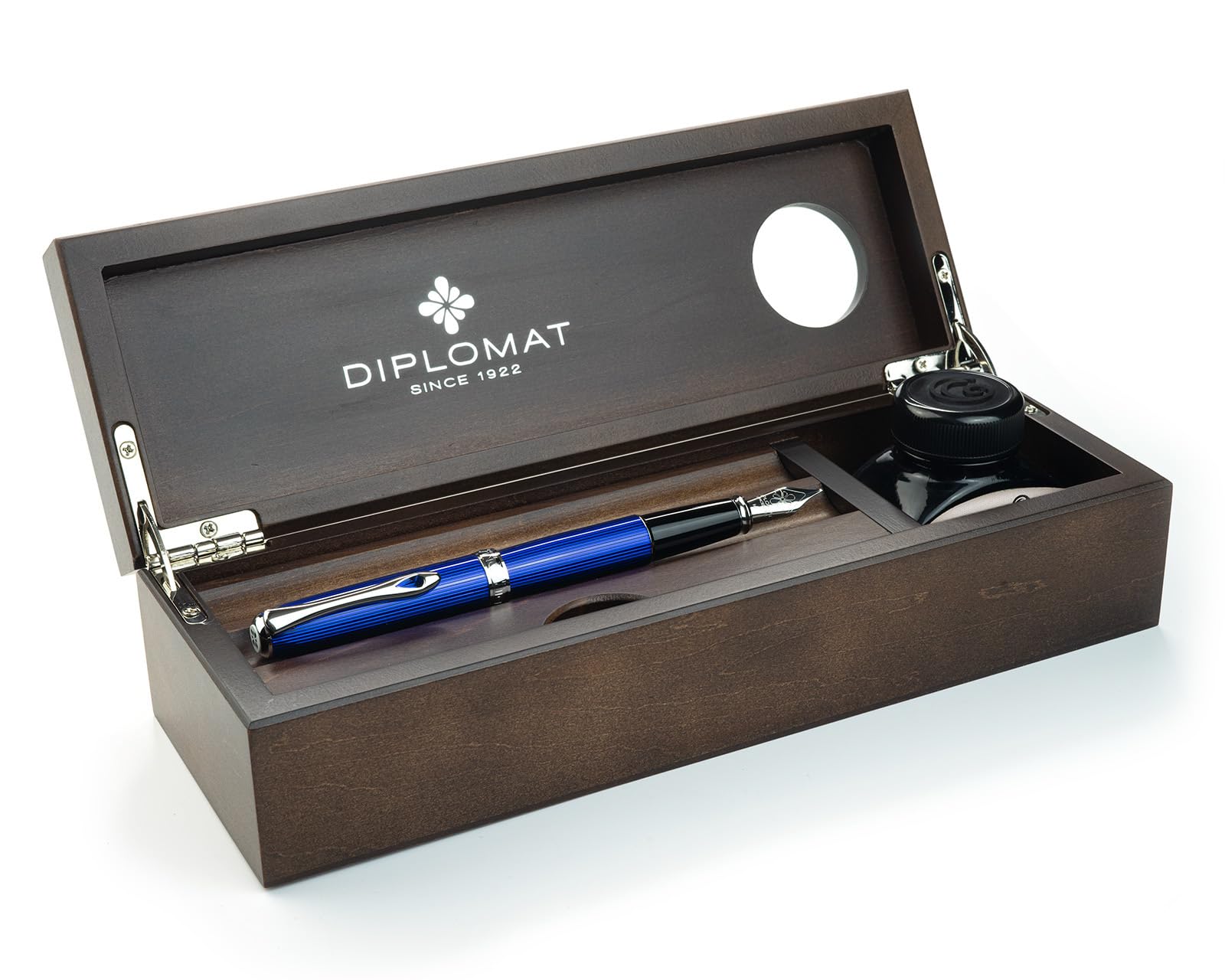 Diplomat Excellence A2 Füllhalter-Set Skyline Blau, Holzbox Wenge | Mit Edelstahlfeder M, 30 ml Octopus Tinte Königsblau, Konverter und Holzschatulle aus Wengeholz als Stifteetui
