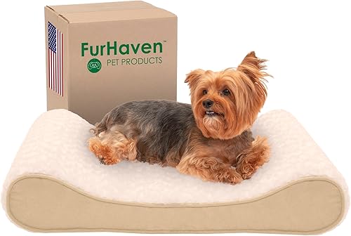 Furhaven - Cama de espuma viscoelástica para perro, piel sintética ultraafelpada y gamuza, con funda extraíble lavable, color crema, M