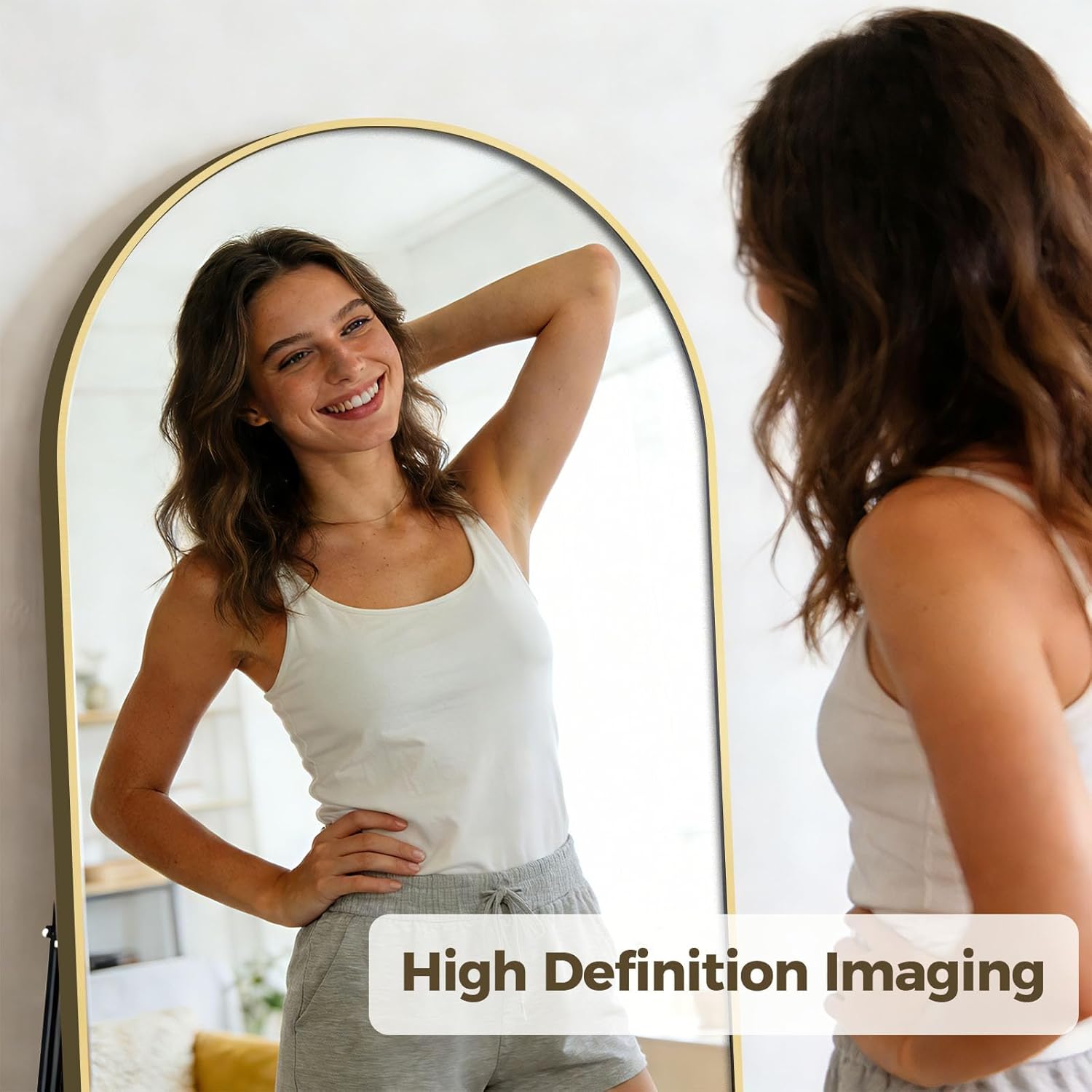 Arched Full Length Mirror with Stand, 64" x 21" Aluminum Alloy Floor Mirror for Bedroom, Distortion-Free HD Body Mirror, Wall Mounted or Leaning Hanging Mirror, Home Decor, Gold