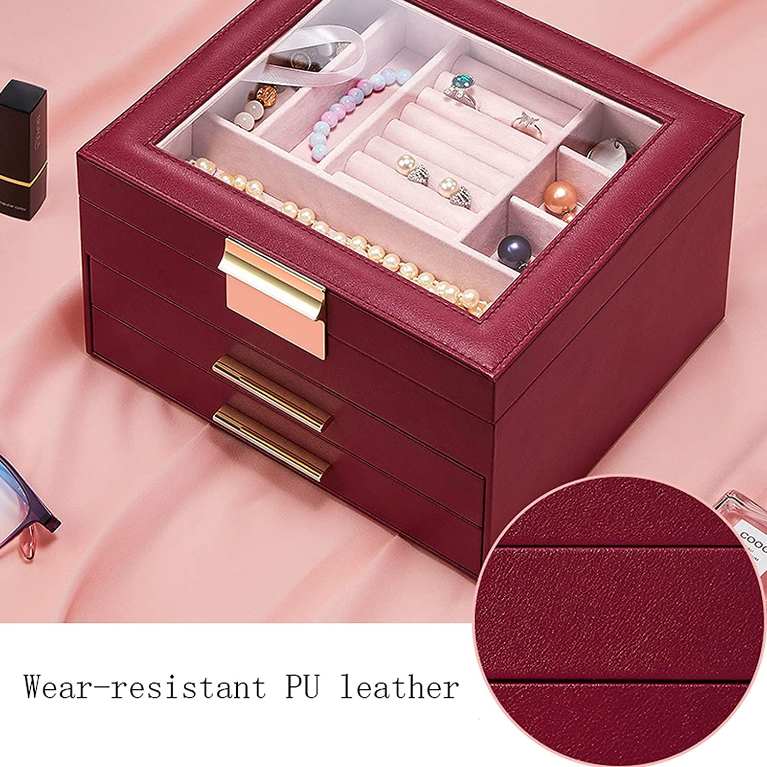 Schmuck-Organizer, Schmuckkästchen, großes Schmuckkästchen, Organizer, Schublade, Spiegel für Damen, PU-Leder, Aufbewahrungskoffer für Ohrringe, Ringe, Halsketten, Armbänder, Uhren, Schmuckkästchen,