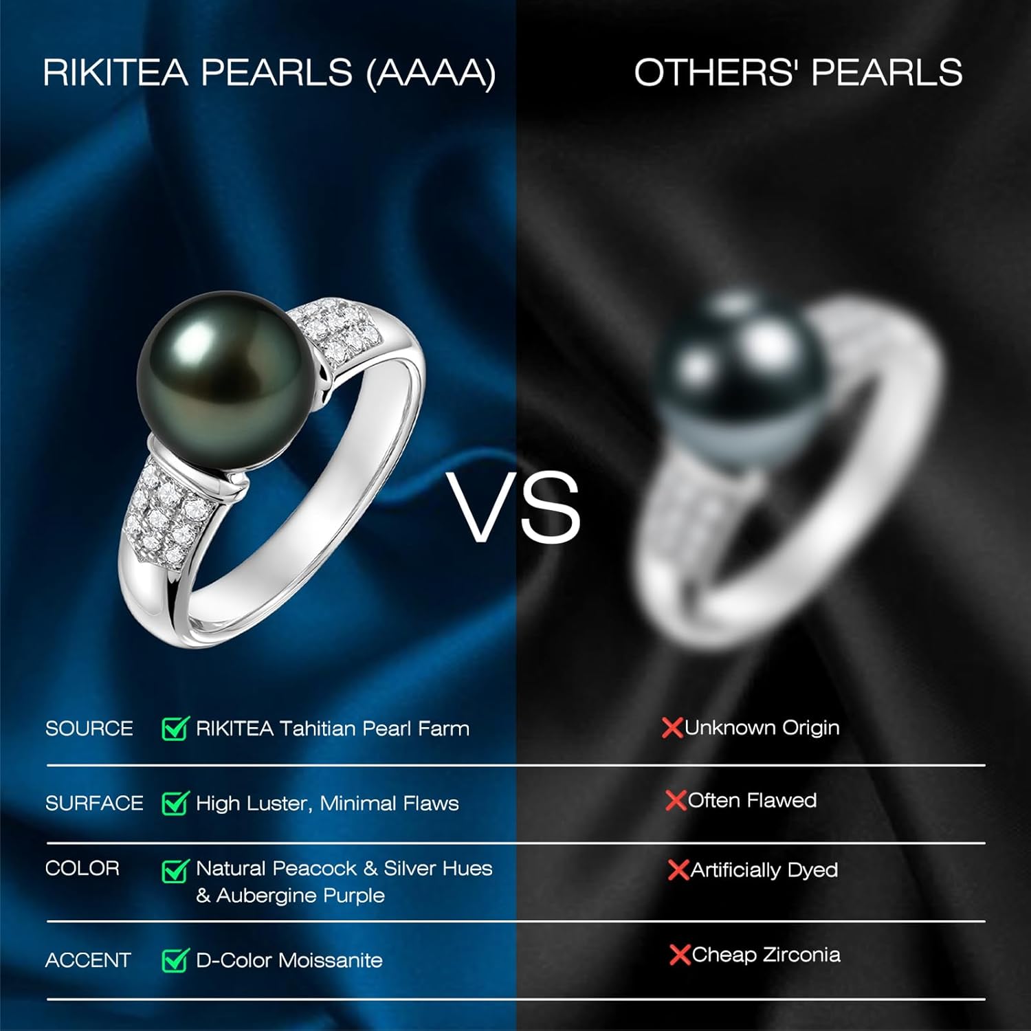 Genuine Tahitian Black Pearl Ring - AAAA 9-10mm Ocean-Grown Pearls with Sterling Silver Halo Moissanite Rings, Christmas Gift for Wife Mom Women, Jewelry Gifts for Wedding Anniversary Birthday