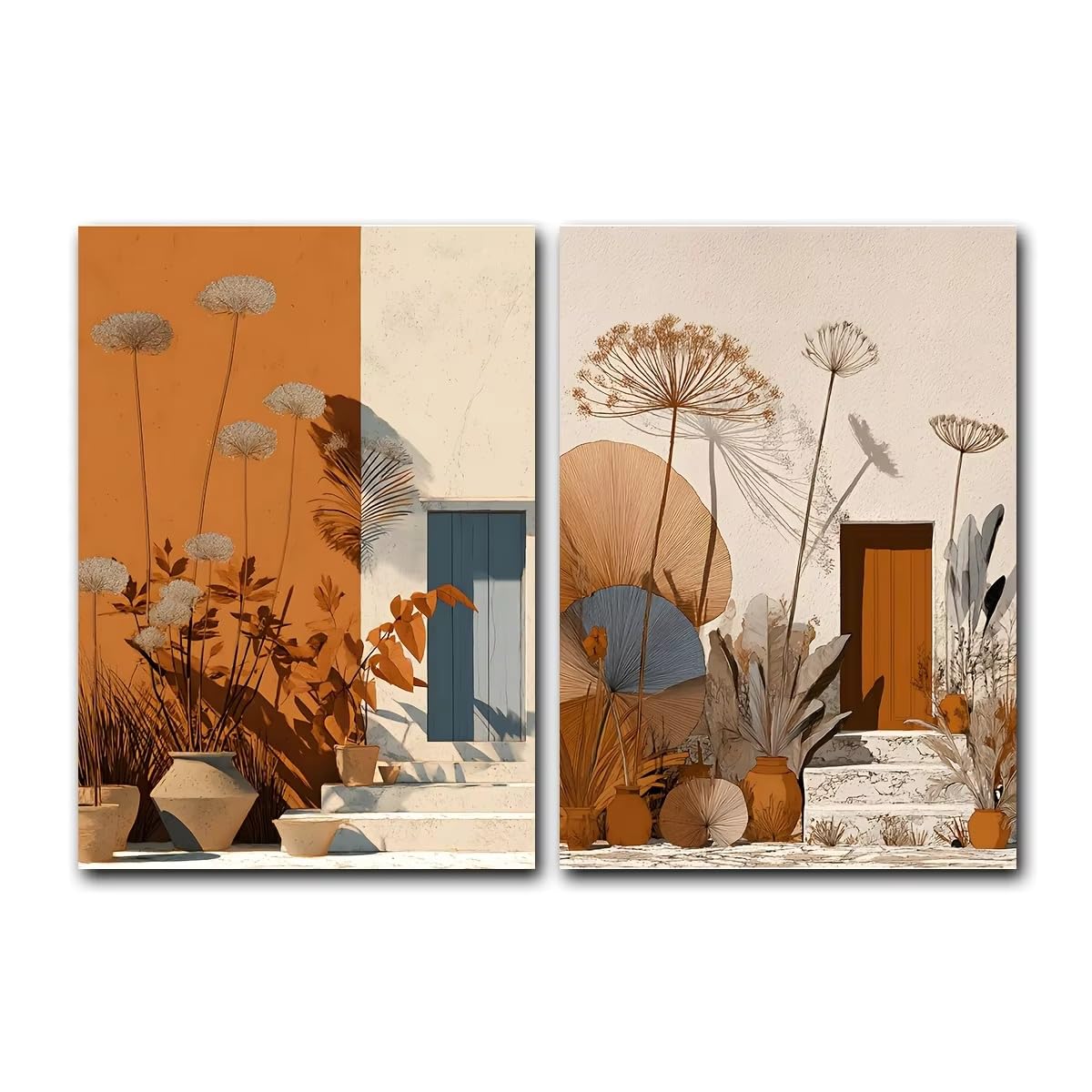 LTjiajuypd Set di quadri da parete in terracotta con soggetto botanico, stile mediterraneo minimalista, illustrazione di paesaggio naturale dai toni caldi (70x100 cm - 2 pezzi)