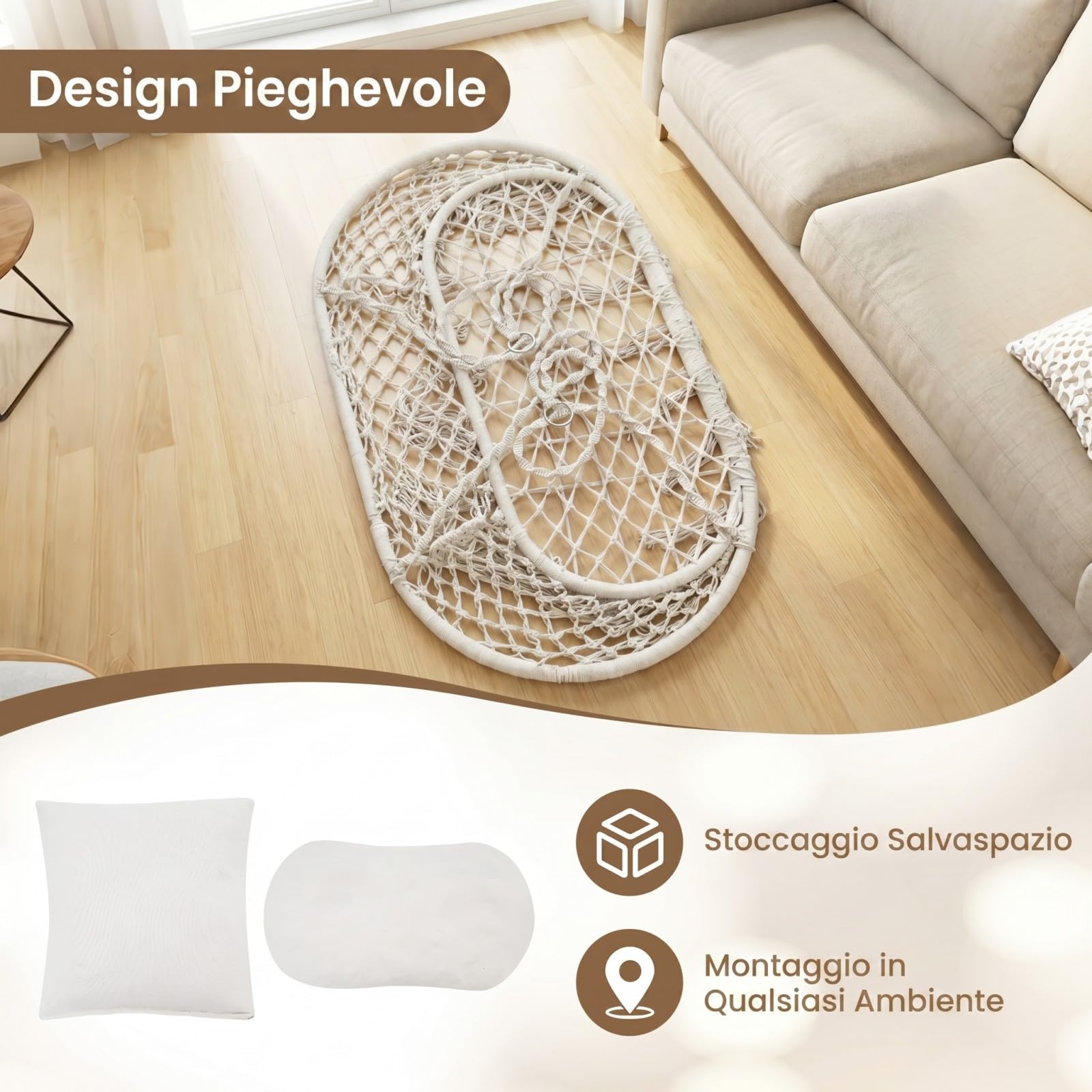 COSTWAY Sedia a Dondolo da Esterno ed Interno, Poltrona Sospesa Intrecciata a 2 Posti con Nappine in Stile Boho, 3 Morbidi Cuscini, Corde e Anelli, Portata 250 kg, per Balcone, Soggiorno e Giardino