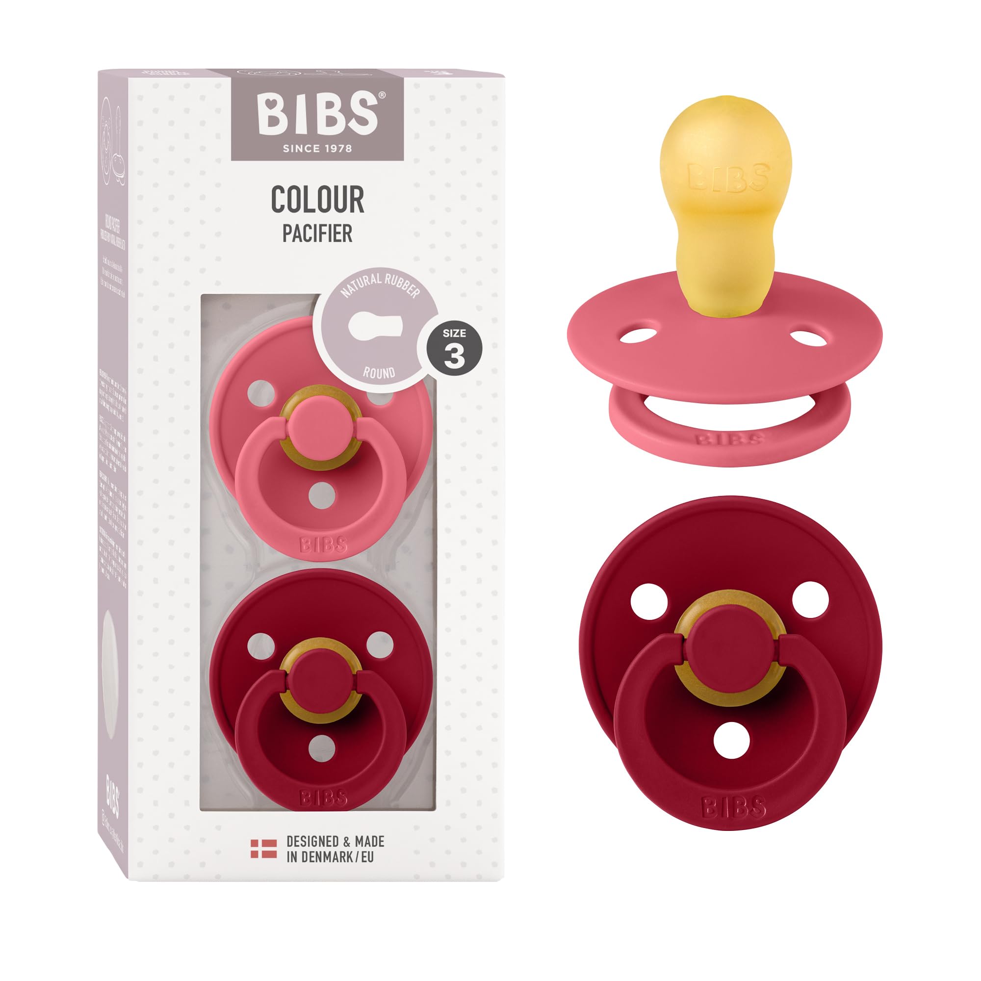 Bibs Colour Pacifier 2-Pack | BPA Free Soother, Round Nipple. Natural Rubber Latex,