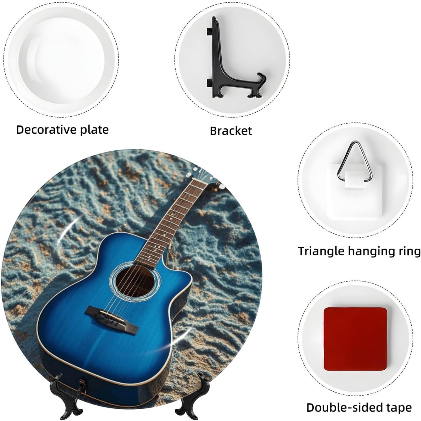 Bone China Decorative Plate with Display Blue Guitar Ceramic Plates Crafts Art Decor Dessert Plate Ceramic Ornament Porcelain Plates for Living Room Kitchen Table Home Decor