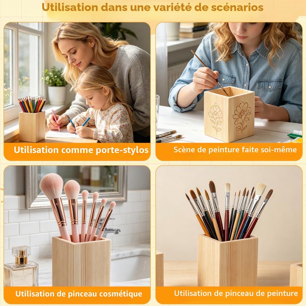 Amosfun Porte-Stylo En Bois Vierge Lot De 4 Pot À Stylo Bureau Inachevé À Peindre Organisateur De Bureau Polyvalent Pour Rangement Crayons Et Pinceaux 3.94 Pouces