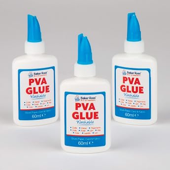 Baker Ross EV7058 White Glue PVA Glue - Pack of 3, 60 ml, Washable Craft Glue for Crafts