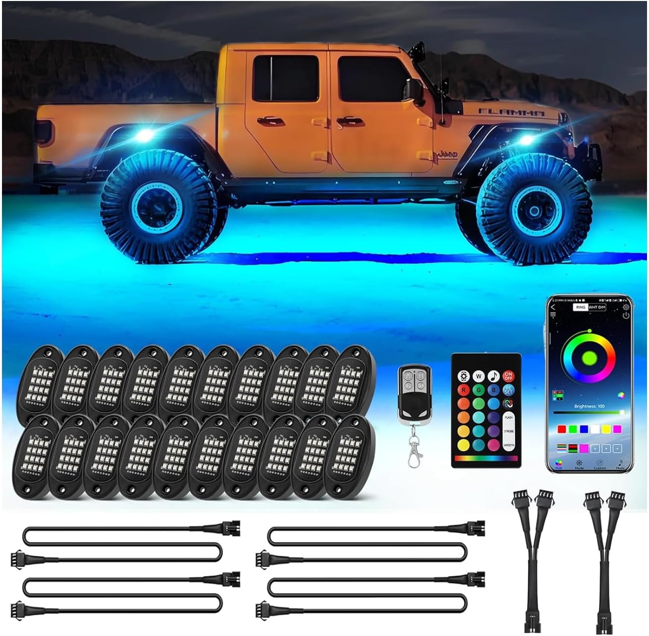 20 Pods Segmented RGB LED Rock Lights Kit and 4Pcs 4PIN 47 inch Extension Wire Cords Set