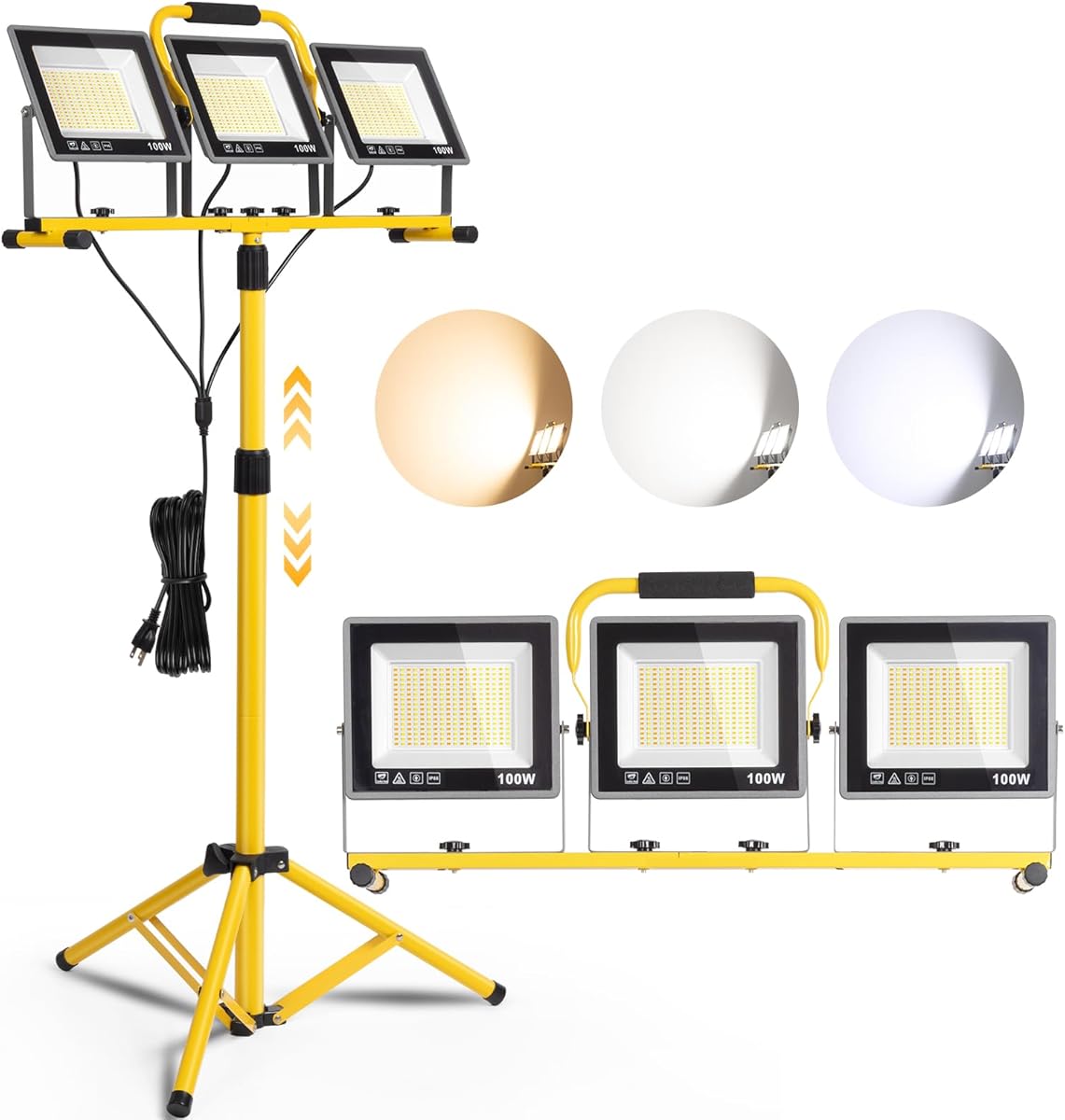 31000 Lumen LED Work Lights with Stand, Portable 3 Head Work Lights with Individual Switch (3000K/5000K/6500K Select) & 16.5FT Cord, IP66 Waterproof Foldable Tripod Stand Worklights for Outdoor Indoor
