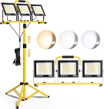 31000 Lumen LED Work Lights with Stand, Portable 3 Head Work Lights with Individual Switch (3000K/5000K/6500K Select) & 16.5FT Cord, IP66 Waterproof Foldable Tripod Stand Worklights for Outdoor Indoor