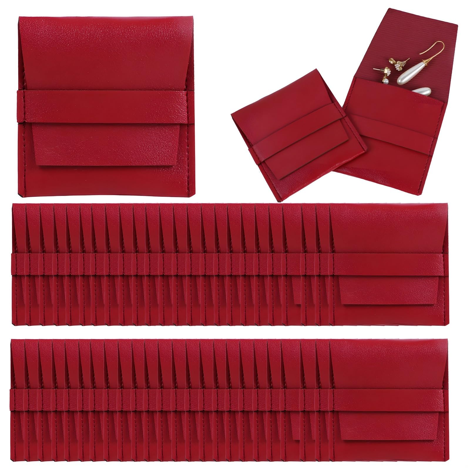 Lot de 50 pochettes à bijoux en microfibre rouge, sacs de rangement en cuir PU, 7,9 x 8,9 cm, motif enveloppe pour bagues et colliers