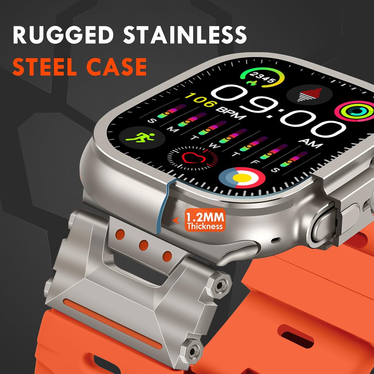Rugged Strap for Apple Watch Ultra 2/Ultra Band 49mm with Stainless Steel Case, Armor TPU Sport Bands for iWatch Ultra 2/1 with Metal Connector, Waterproof Wristband for Apple Watch 49mm Men Orange