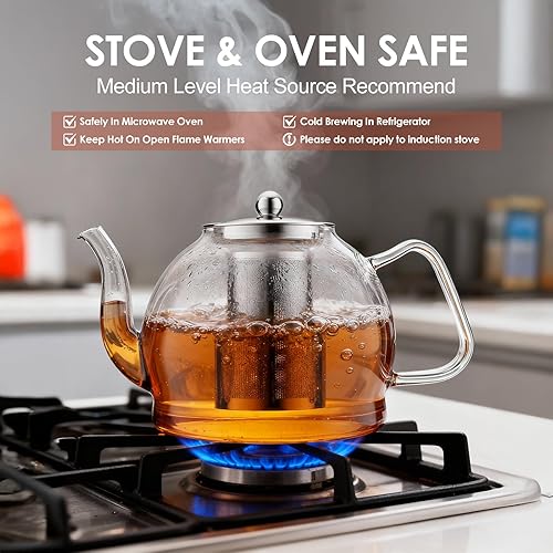 Miniatura 3 de Tetera de vidrio de 60.9 fl oz con infusor, tetera grande segura para estufas, tetera de vidrio de borosilicato hecha a mano, tetera de hojas