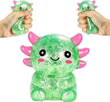 Axolotl Squishy Stress Ball, Glitter Slow Rising Squeeze Toy, Soft Cute Sensory Fidget Toys, Stress Relief, Malt Sugar Filled Handheld Squishy for Kids Adults Birthday Party Gift Green