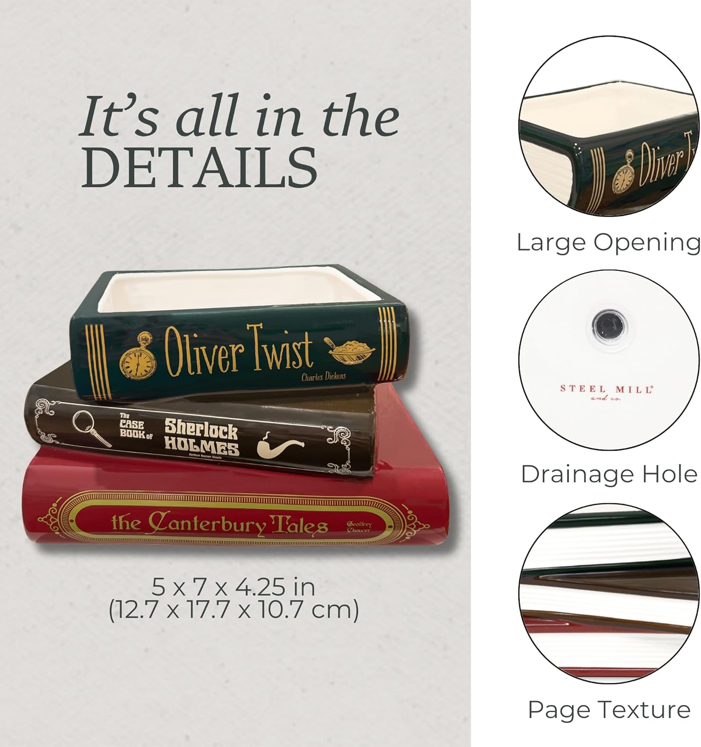 Steel Mill & Co Original Small Book-Shaped Decorative Planter, Ceramic Planter for Cute Home Decor, Unique Bookshelf Planter for Book Lovers (Oliver Twist/Sherlock Holmes/The Canterbury Tales)