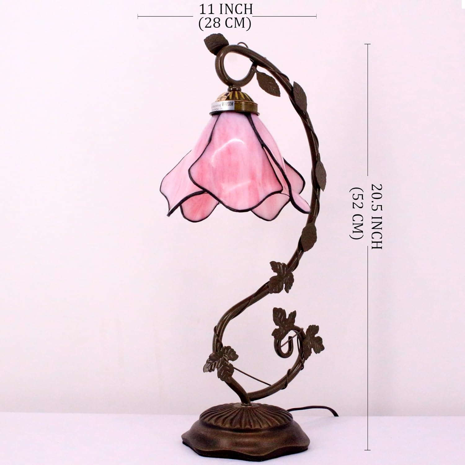 WERFACTORY Tiffany Lamp Pink Stained Glass Table Lamp, Metal Leaf Table Desk Reading Light 8X10X21 Inches Decor Small Space Bedroom Home Office S701 Series