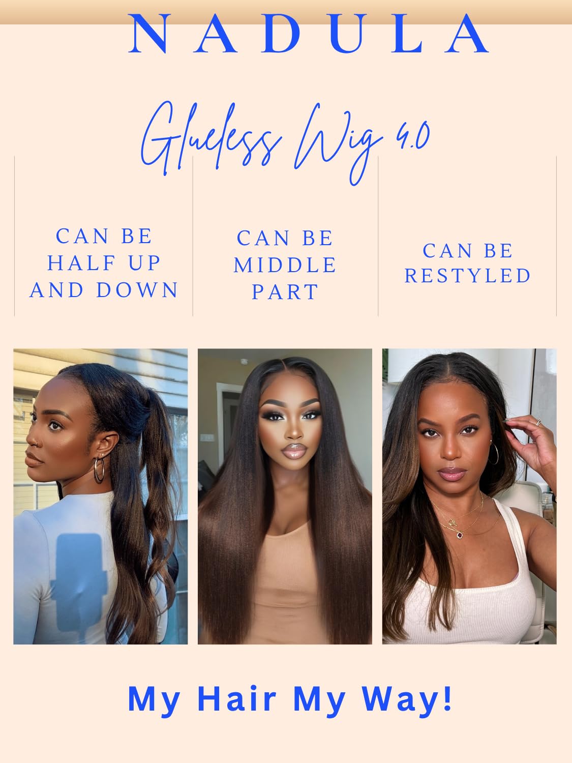 Nadula Bye Bye Slip Chestnut Brown Ombre Yaki Straight Glueless Drawstring Wig Human Hair Pre Plucked, Pre Cut 7x5 HD Bye Bye Knots Lace Front No Slip Wig Ready to Wear Light Yaki Straight Wig 20inch