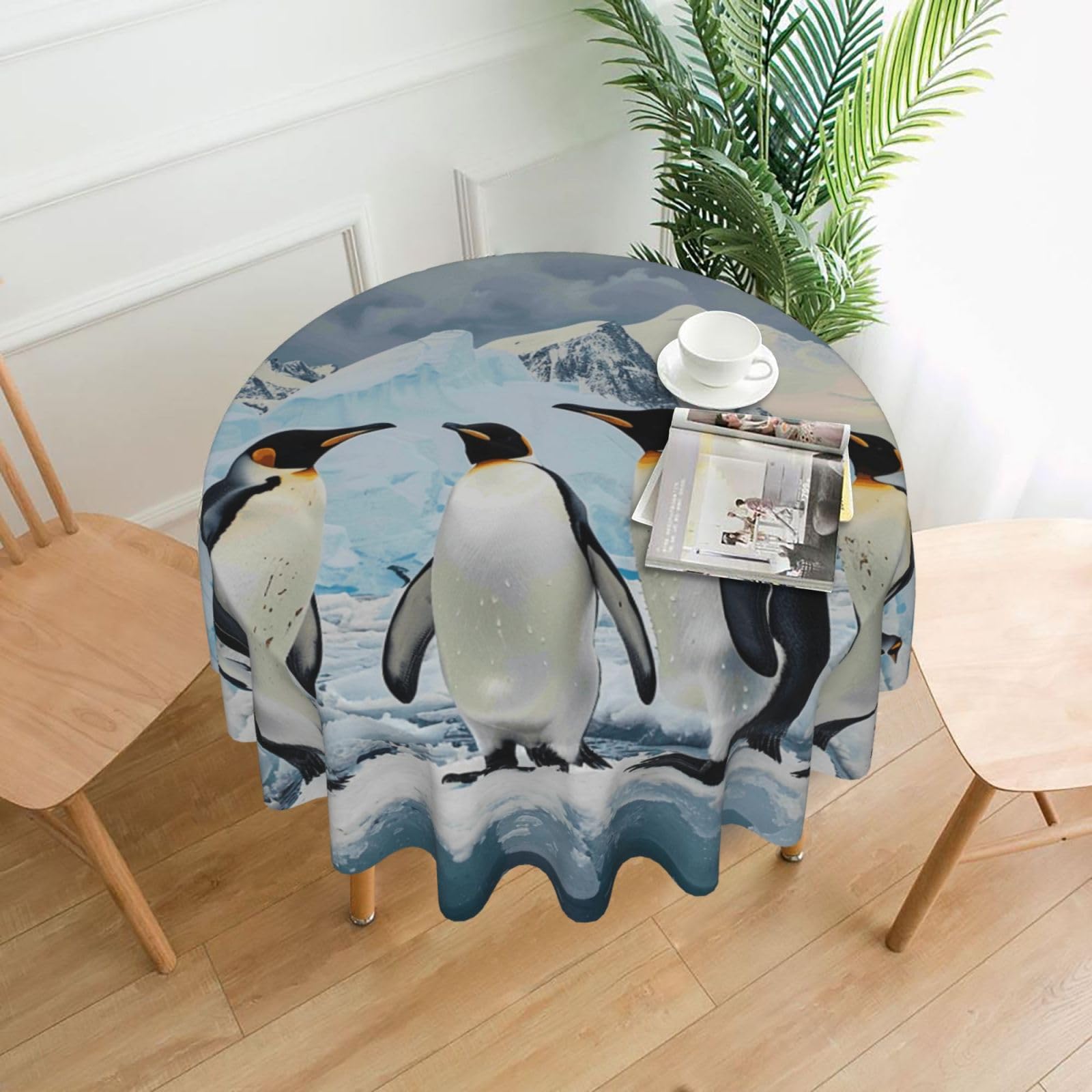 WPKJU Penguins on The Iceberg Printed Round Tablecloth 60 in Water Resistant Table Cover Washable Table Cloth for Dining Tables