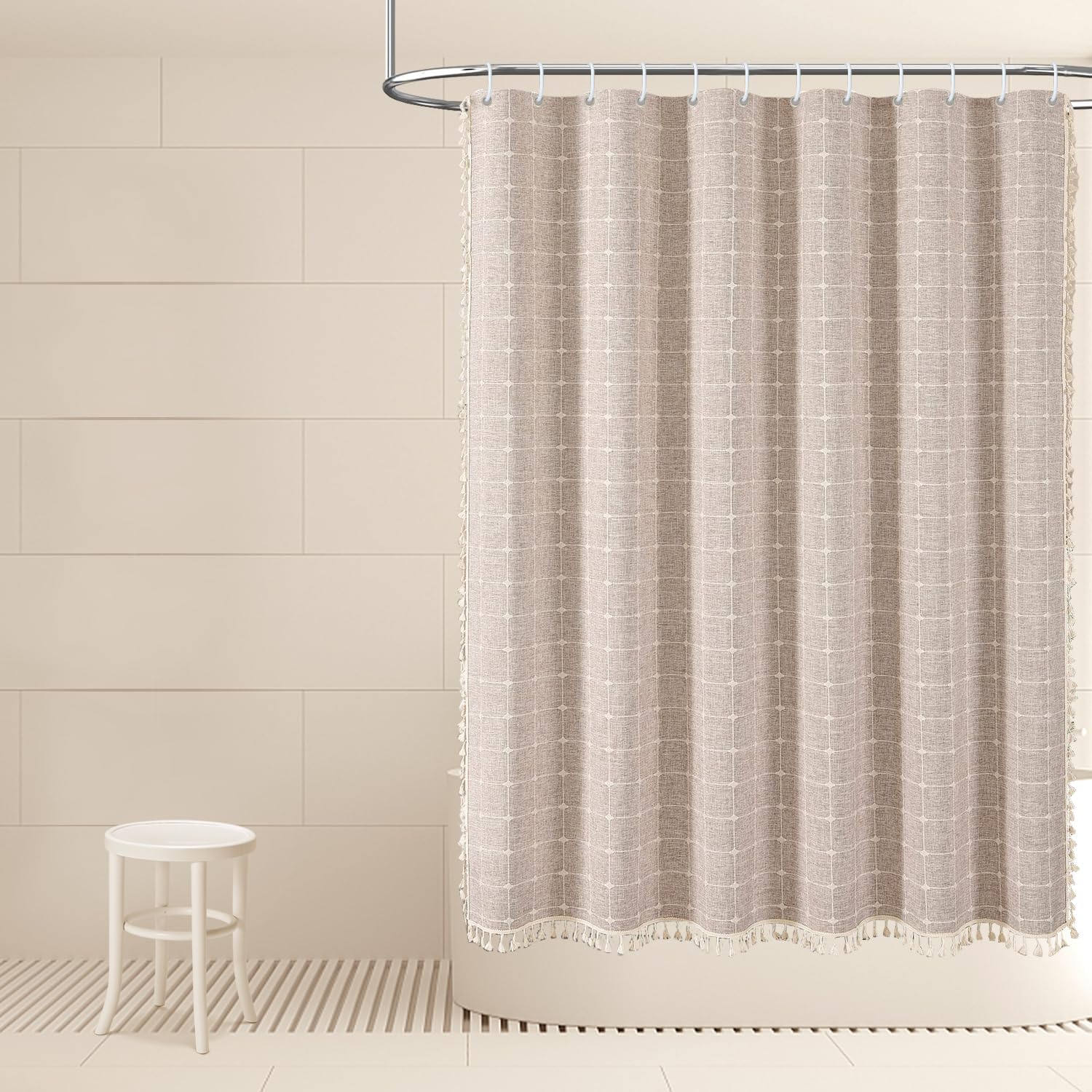 Farmhouse Plaid Shower Curtain - Boho Checkered Splicing Fabric Shower Curtains for Bathroom, Vintage Chic Cottagecore Thick Bathroom Curtain Set with Tassel - Bohemian Cloth Shower Curtain 71x71, Tan