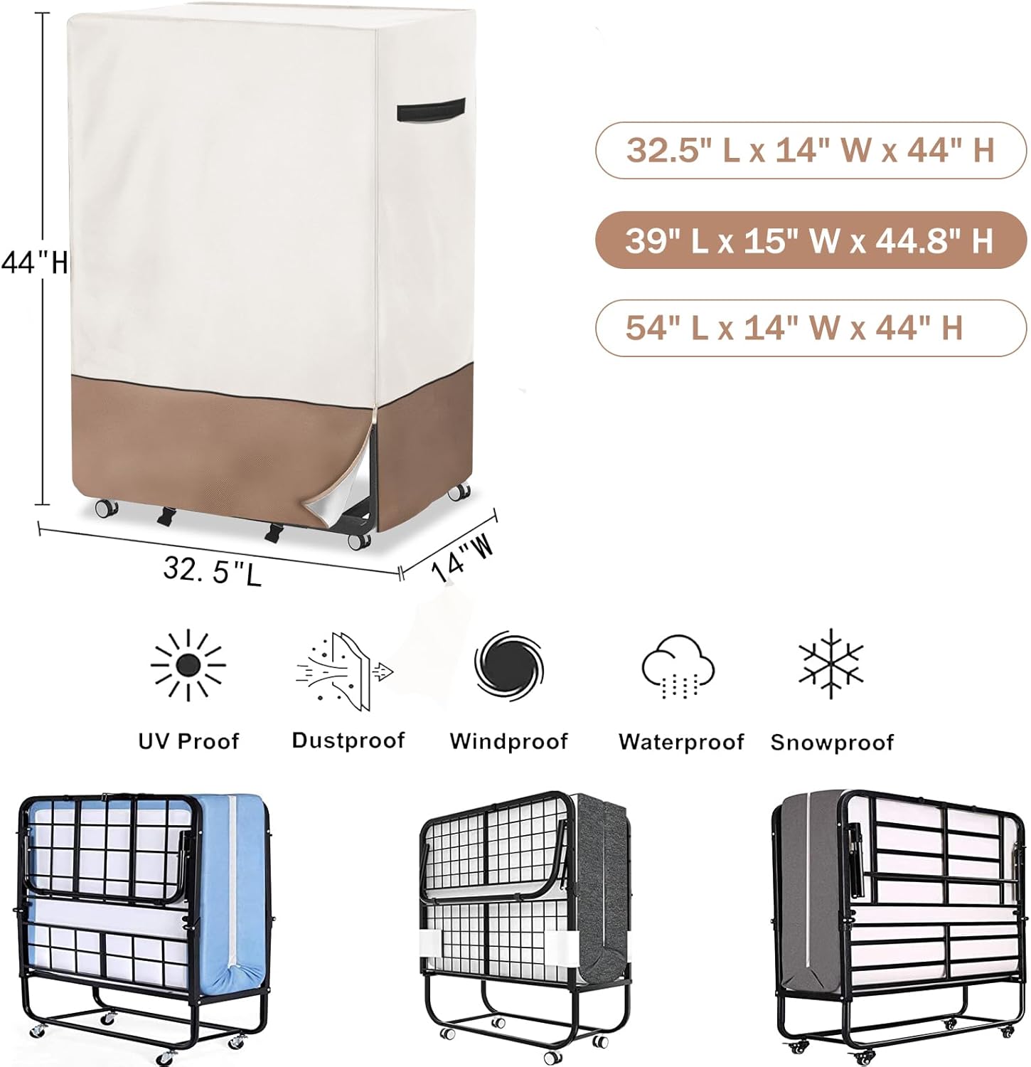 Rollaway Bed Storage Cover,Heavy Duty Waterproof Universal Folding Bed Storage Cover With Zipper for Twin Size 38-Inch Folding Bed.(39" L x 15" W x 44.8" H,White)