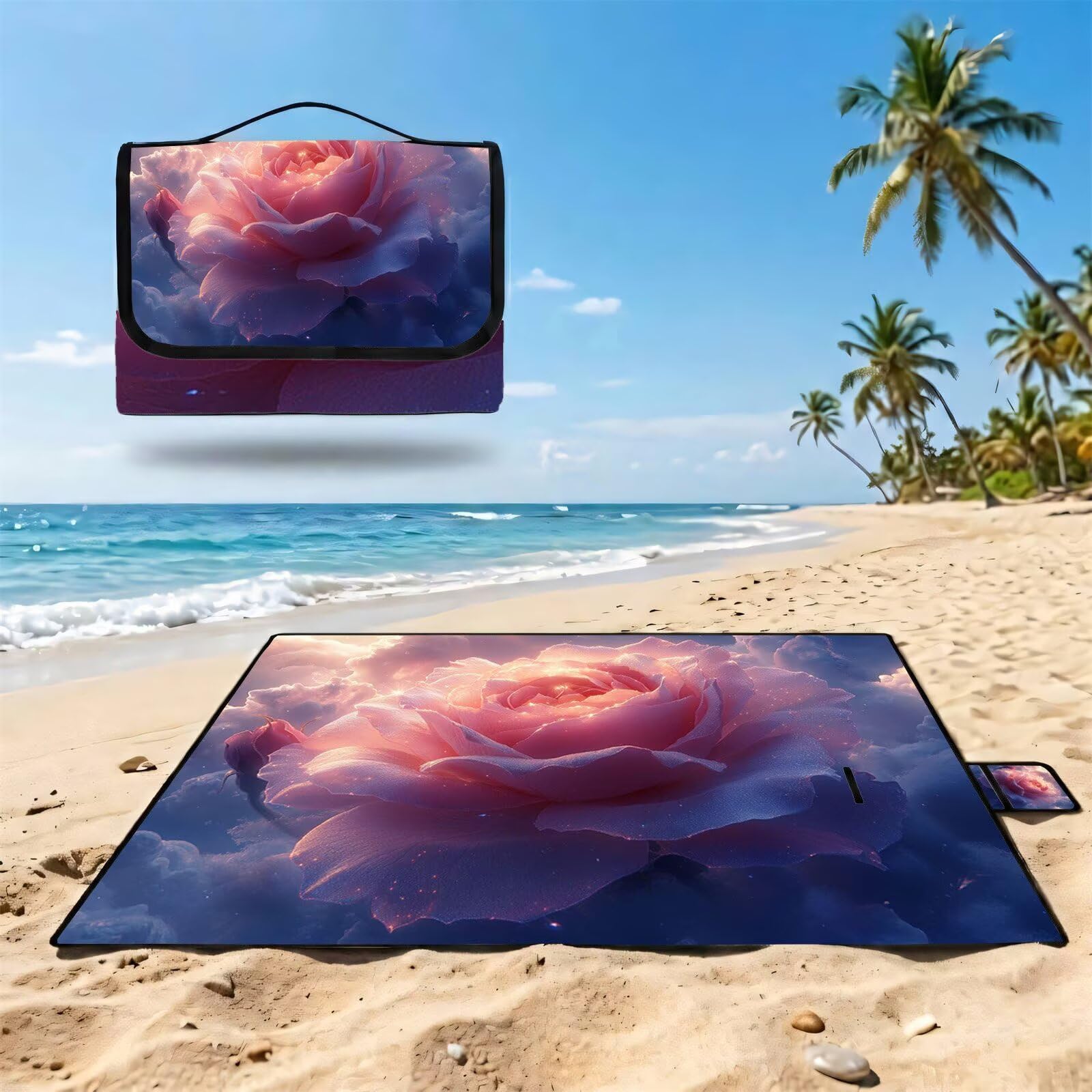 Couverture Pique Nique Grande 200x300cm,Outdoor Couverture Imperméable,Pliable Tapis de Plage Dos en PVC Anti-Sable,Picnic Blanket pour Camping Accessoires,Jardin,Parc - Nuages,Fleurs (2) FZ-98