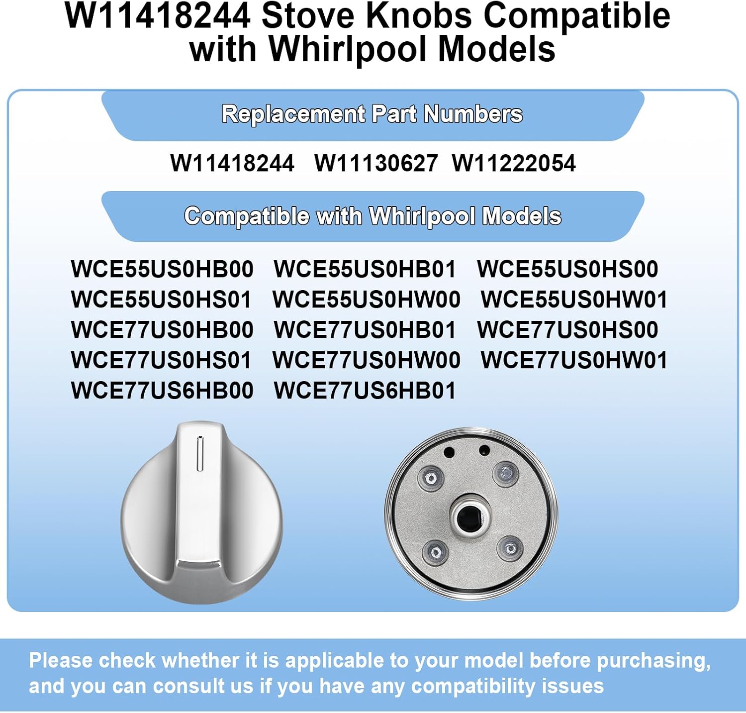 Upgraded W11418244 Range Knobs Compatible with Whirlpool Gas Stove Knob WCE55US0HB00 WCE55US0HB01 WCE55US0HS00 WCE55US0HS01, Surface Burner Cooktop Control Replacement W11130627 W11222054-4 Pack