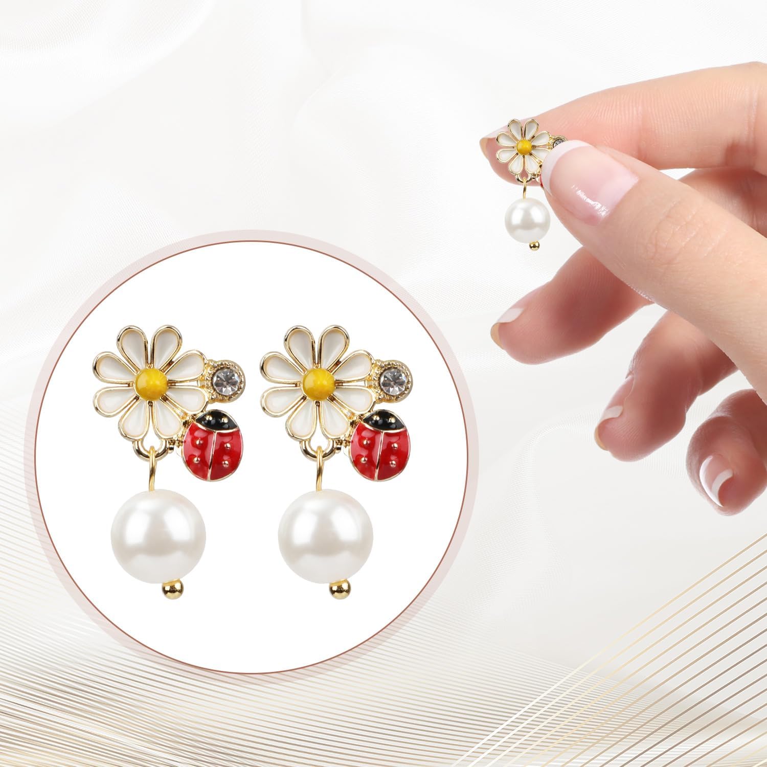 Daisy Ladybug Earrings for Woman, Stylish Pearl Dangle Earrings Ladybug Jewelry Gift for Halloween Carnival Role Play Outfit - Image 4