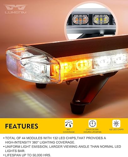 Miniatura 2 de LUMENIX Barra de luces estroboscópicas de emergencia LED de 48 pulgadas con soportes de montaje ajustables, barra de luz de seguridad de advertencia