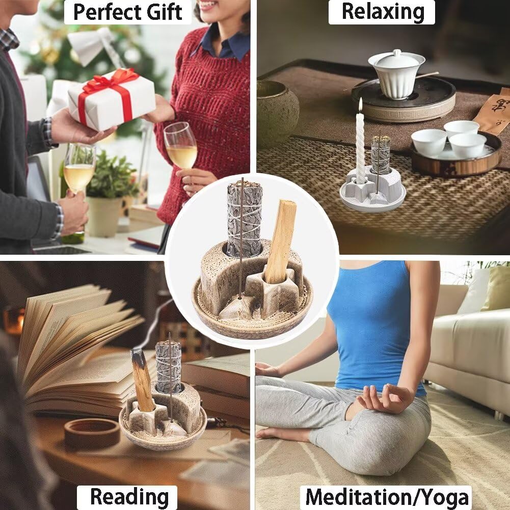 Palo Santo - Soporte para palitos de cerámica para quemar, 4 en 1 para incienso y velas, bandeja colectora de cenizas para meditación, sala de yoga, moteado blanco
