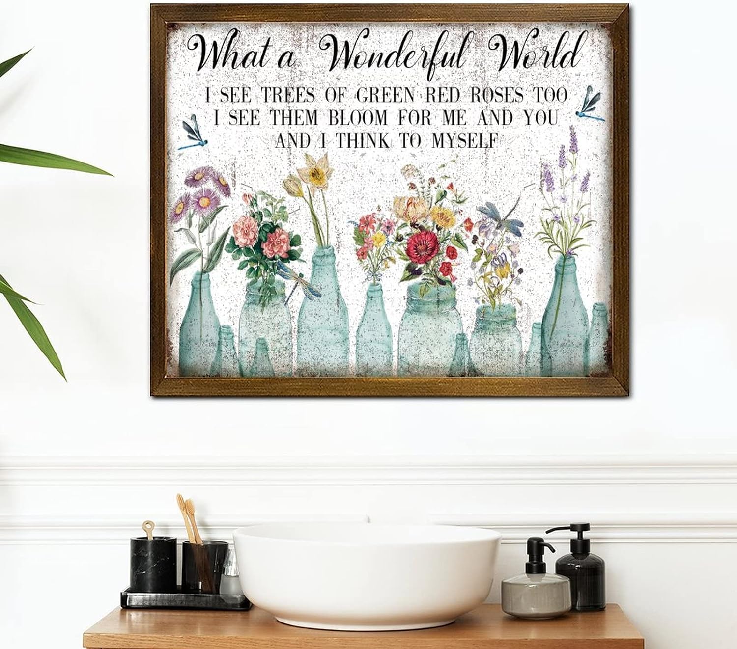 What A Wonderful World Framed Wood Sign Vintage Dragonfly Tulip Rose Flower Vase Hanging Sign Farmhouse Hello Spring Flower Wood Hanging Wall Art Decor for Home Family Living Room Bedroom 16x20 Inch