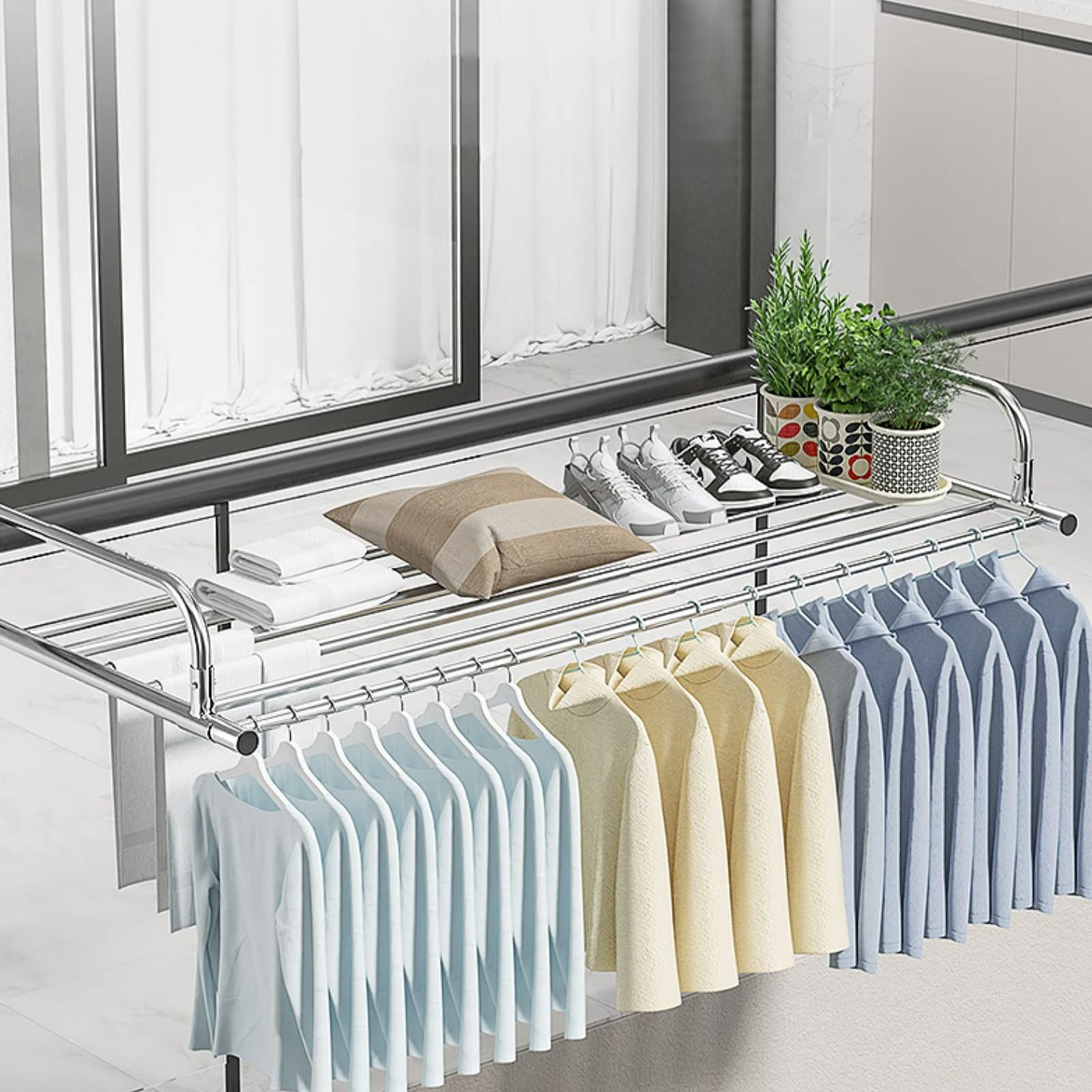 Generisch Estante de secado de ropa interior plegable con estante para zapatos, estante extensible de acero inoxidable para balcony pared, ahorro de espacio, airer para uso en interiores y exteriores