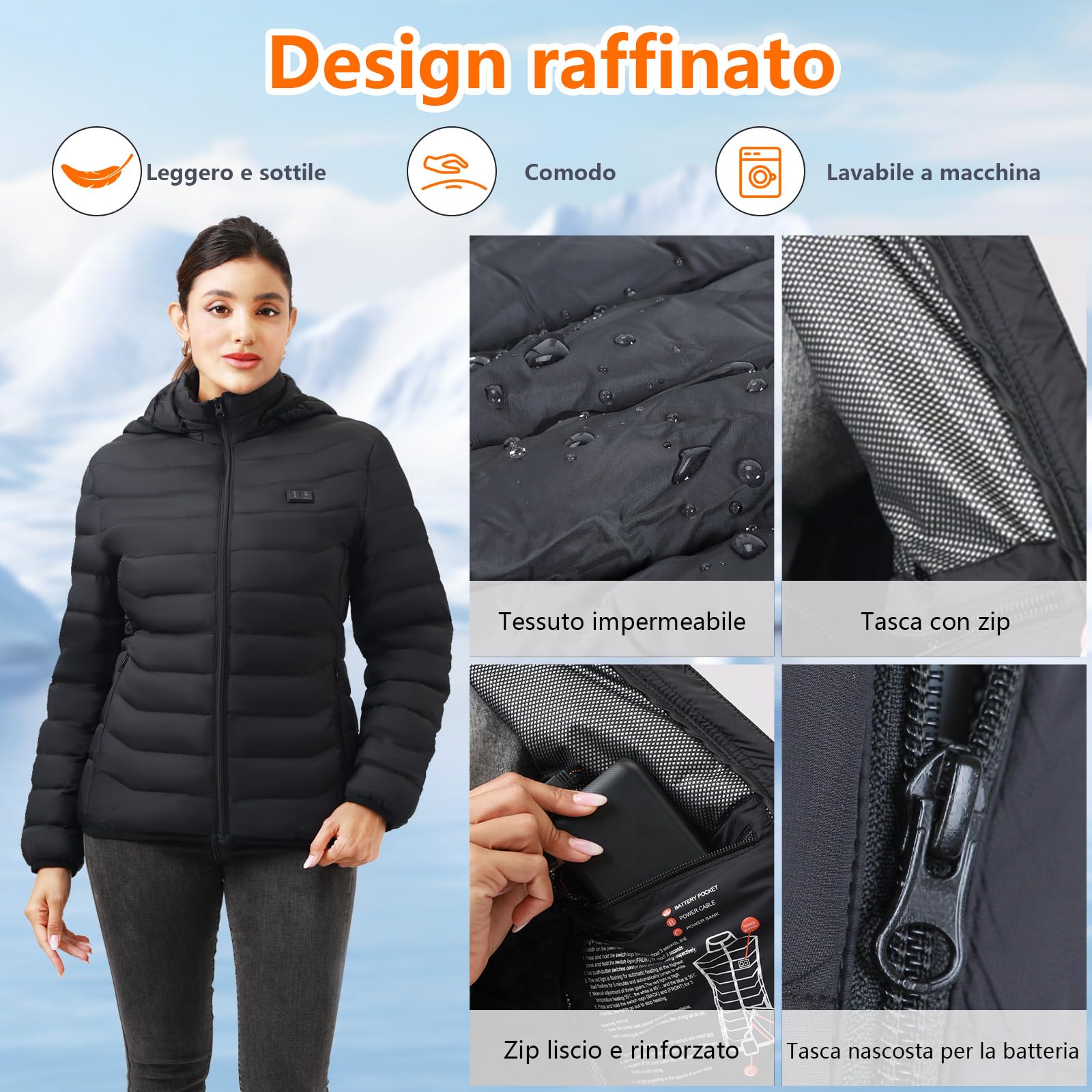 Giubbotto Riscaldato con Power Bank 10000mAh - Giacca Riscaldato con Cappuccio 5 Zone di Calore, 3 Livelli Doppi Controlle per Il Lavoro All'aperto Sci Trekking