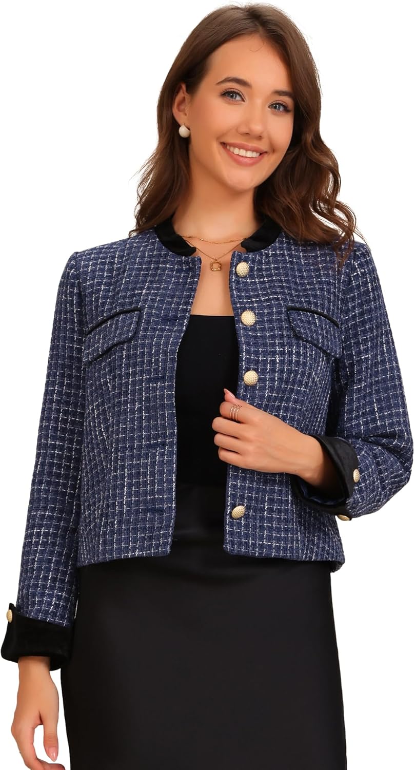 Allegra K Women's Tweed Blazer Vintage Button Winter Fall Work Office Short Jacket Coat