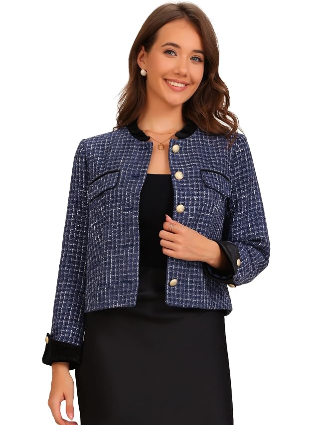 Allegra K Womens Tweed Blazer Vintage Button Winter Fall Work Office Short Jacket Coat