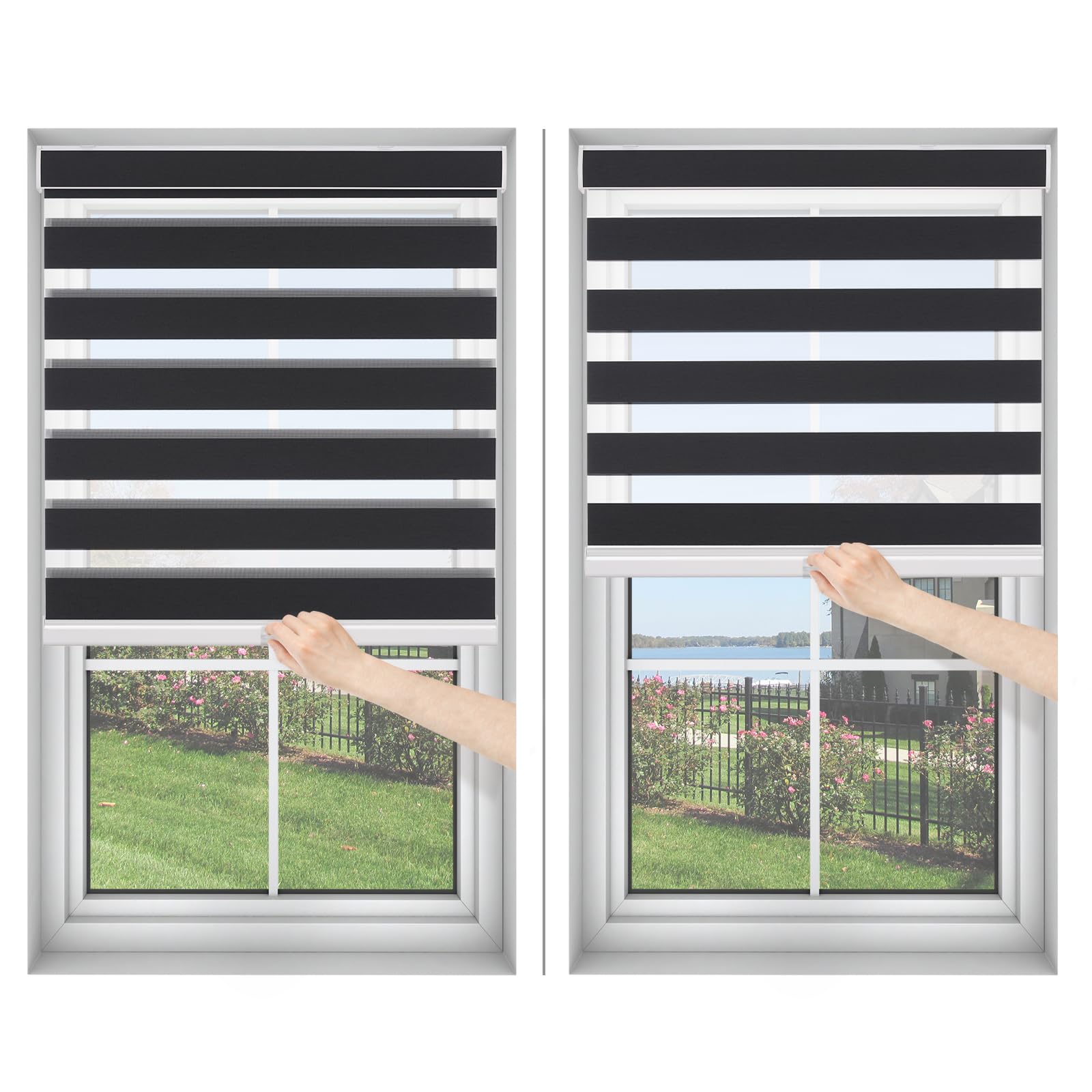 Blinhdome Zebra Blinds for Window Cordless Custom Zebra Roller Blackout Shades and Blinds, Room Darkening Dual Layer Light Control for Day and Night, 70" W x 60" H, Black