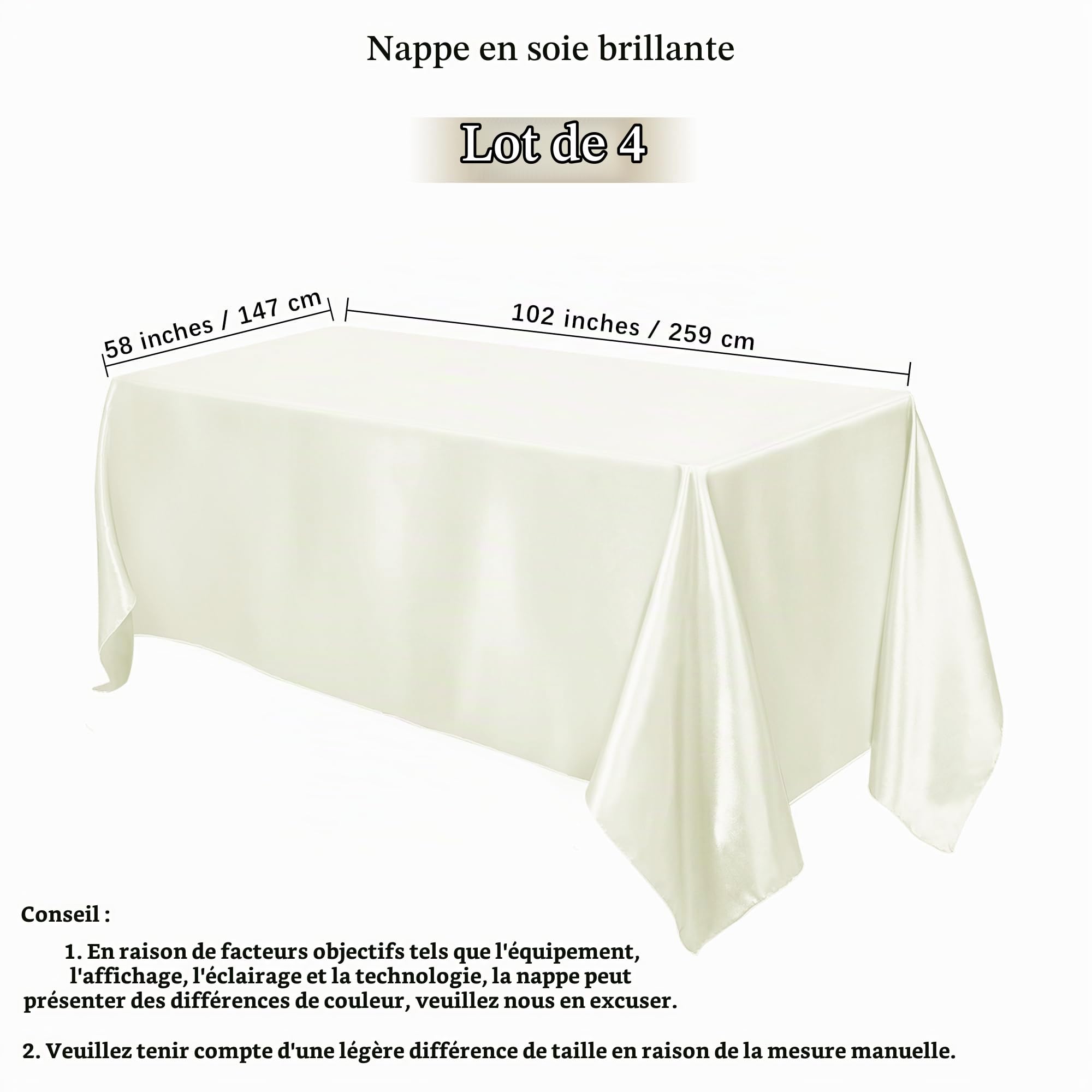TURSTIN Lot de 4 nappes rectangulaires en satin de soie brillante pour décoration de table de mariage, banquet, fête, événements, 259,1 x 147,3 cm, ivoire