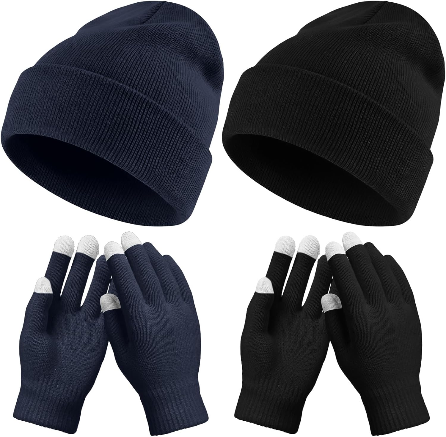 4 Pcs Winter Knit Beanie Hat and Touchscreen Gloves Set for Women Men Warm Acrylic Cap and Gloves Set